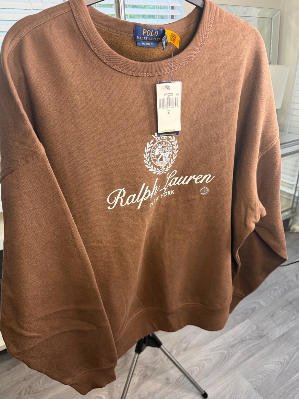 Ralph Lauren Brown Crewneck Sweatshirt with White Script Crest